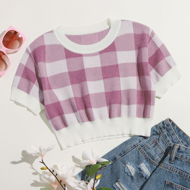 

Gingham Crop Knit Top, Lilac purple