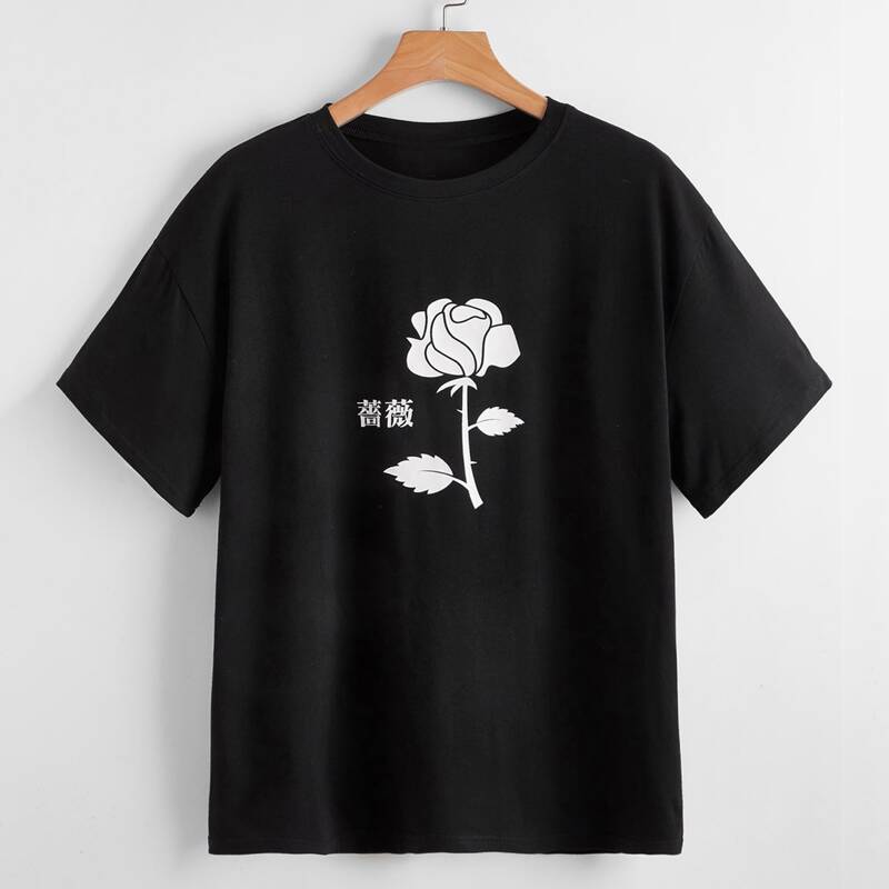 

Floral & Letter Graphic Tee, Black