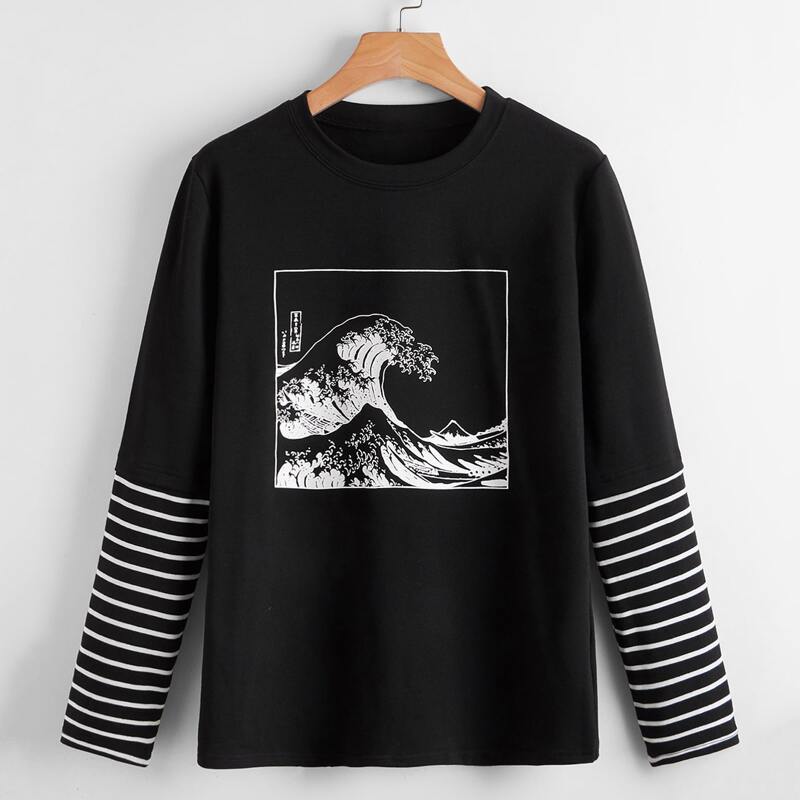 

Striped Sleeve Wave Graphic Tee, Black