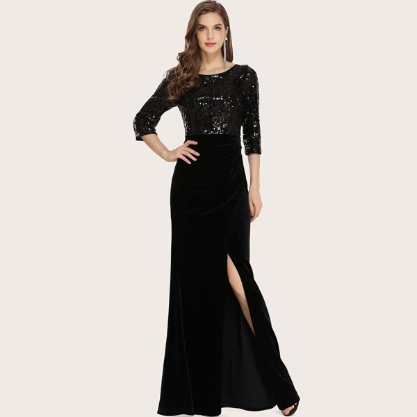 

Sequin Bodice Velvet Split Prom Dress, Black