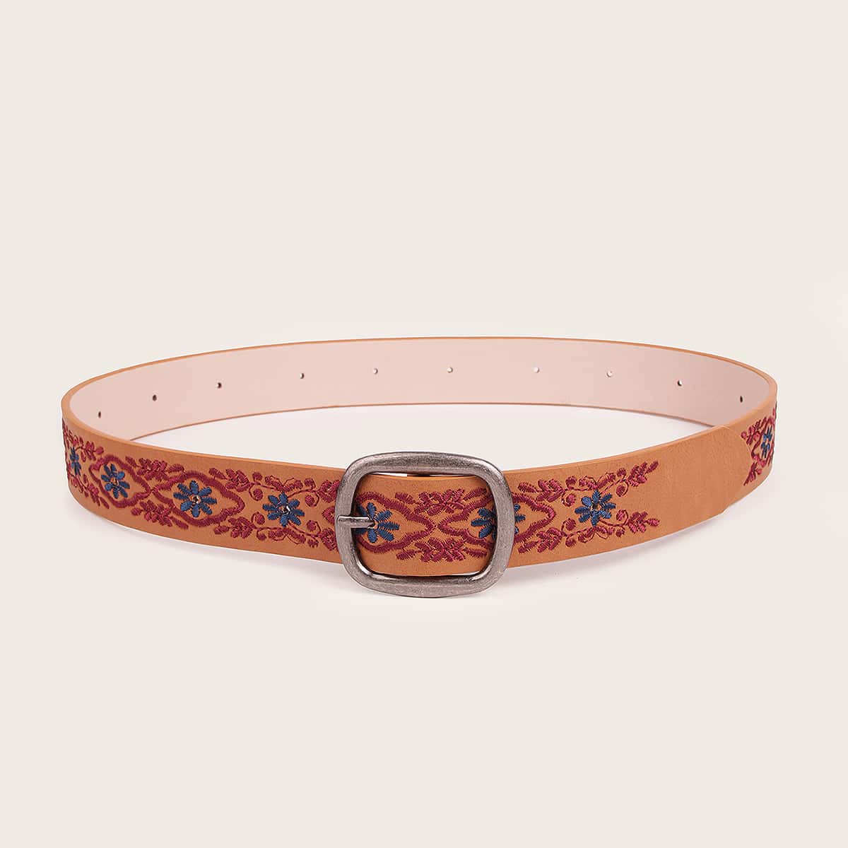 

Floral Embroidered Metal Buckle Belt, Brown