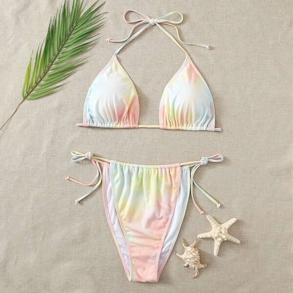 

Plus Ombre Triangle Tie Side Bikini Swimsuit, Multicolor