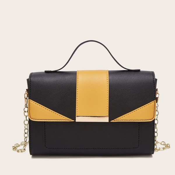 

Metal Decor Two Tone Chain Satchel Bag, Black