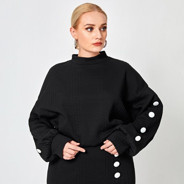 

Plus Mock Neck Button Sleeve Pullover, Black