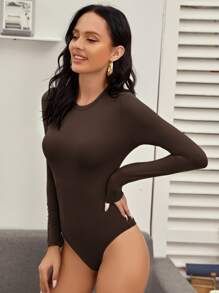 SHEIN Essnce Solid Form Fitted Bodysuit - Chocolate Brown - View 3