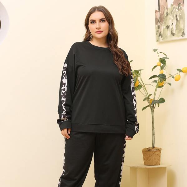 

Plus Contrast Leopard Sideseam Sweatshirt With Sweatpants, Black