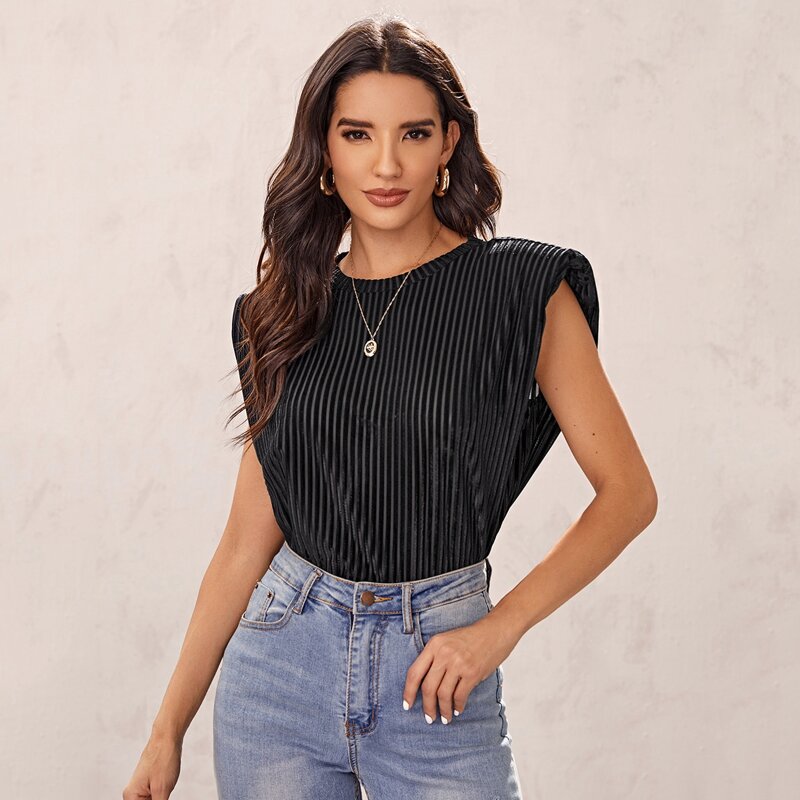 

Shoulder Padded Velvet Tank Top, Black