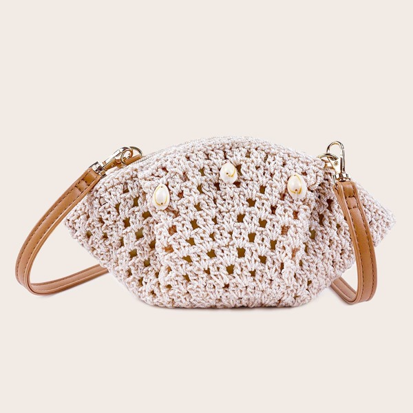 

Shell Decor Crochet Crossbody Bag, Beige