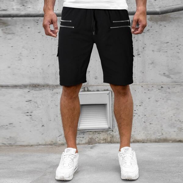 

Men Zipper Detail Flap Pocket Drawstring Waist Shorts, Black
