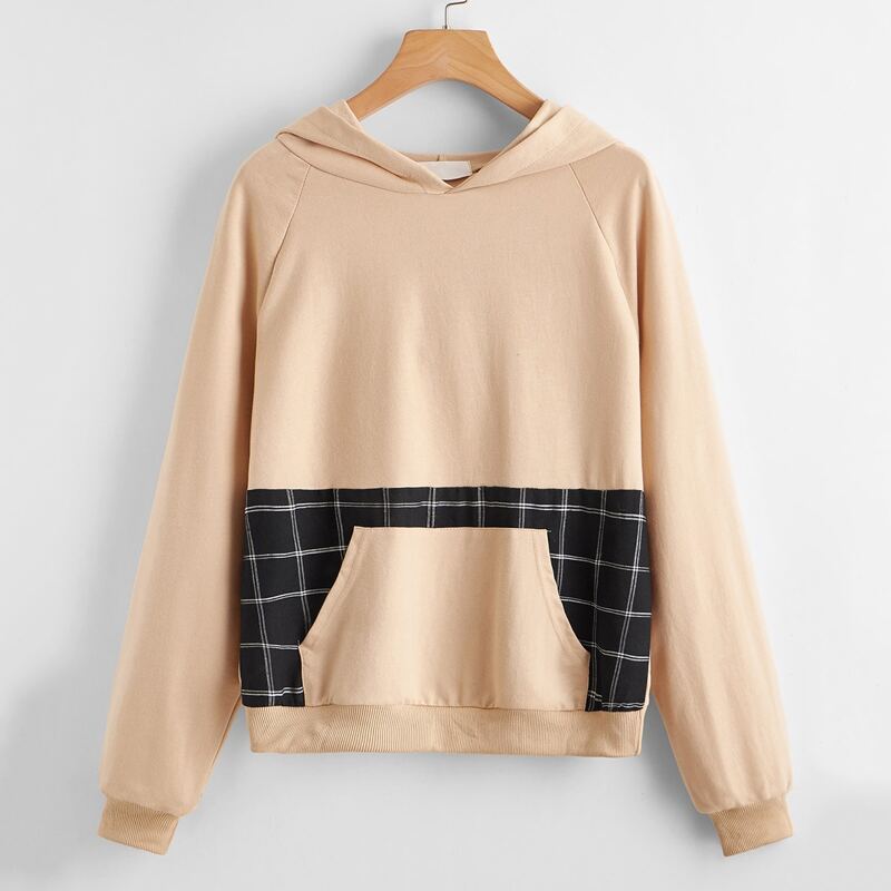 

Kangaroo Pocket Contrast Plaid Hoodie, Apricot