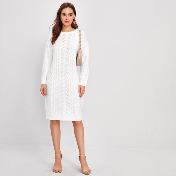 

Drop Shoulder Pointelle & Cable Knit Sweater Dress, White