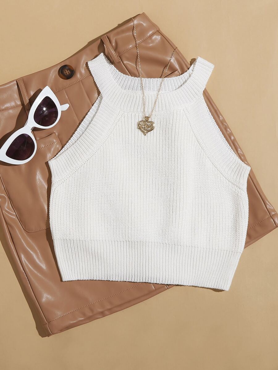 SHEIN EZwear Knit ngọn Gân đan màu trơn Giải trí - trắng - Xem 1