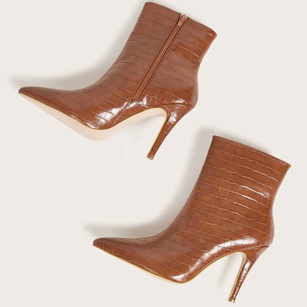 

Croc Embossed Side Zipper Stiletto Heeled Boots, Brown