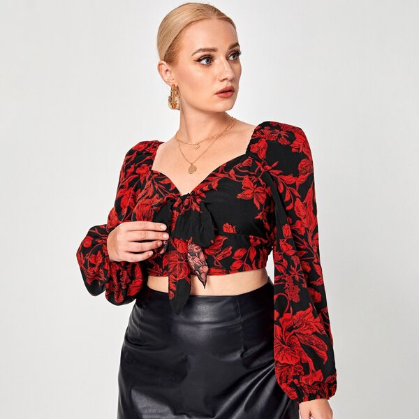 

Plus Floral Print Sweetheart Neck Crop Blouse, Multicolor