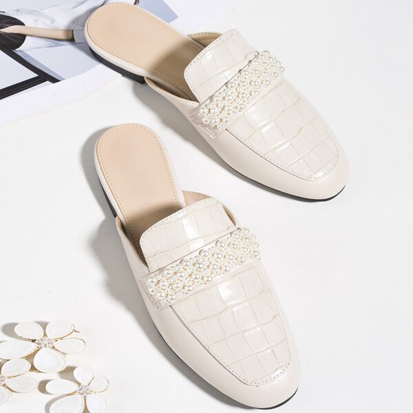 

Faux Pearl Decor Croc Embossed Loafer Mules, Beige