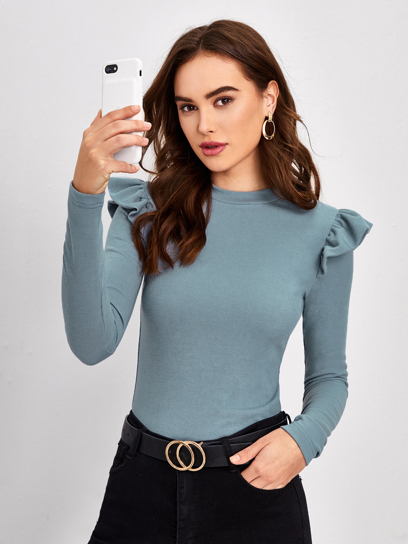 Ruffle Armhole Form Fitted Solid Tee thumbnail