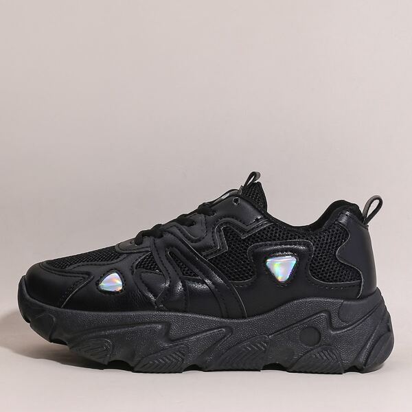 

Lace Up Front Mesh Panel Chunky Sneakers, Black