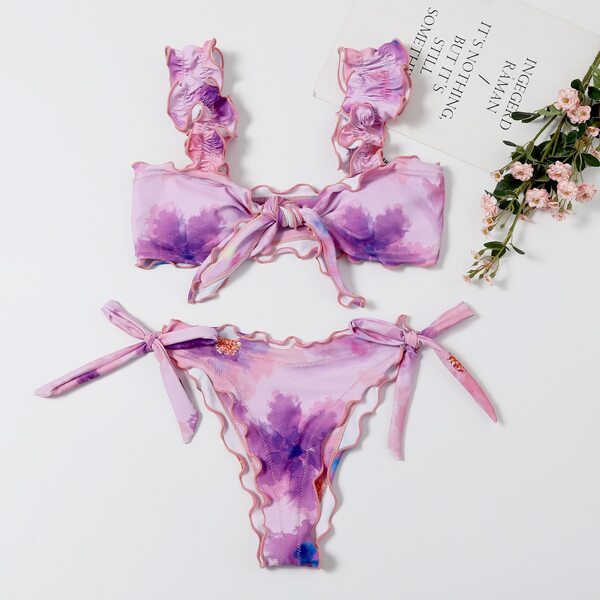 

Floral Print Lettuce Trim Tie Front Bikini Swimsuit, Multicolor