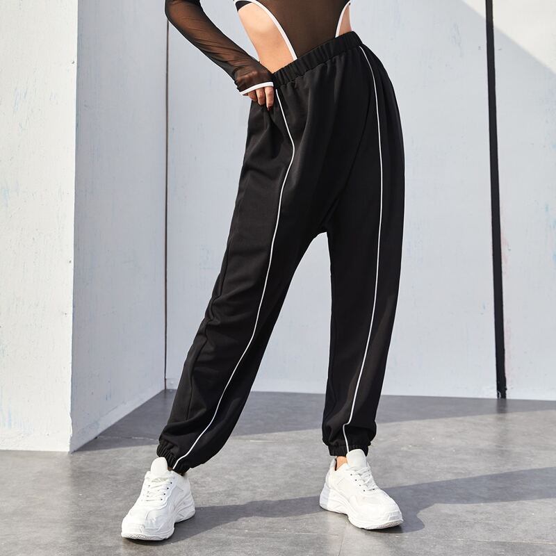 

Contrast Piping Elastic Waist Sweatpants, Black