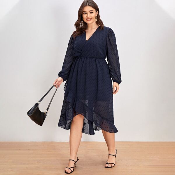 

Plus Swiss Dot Wrap Chiffon A-line Dress, Navy blue