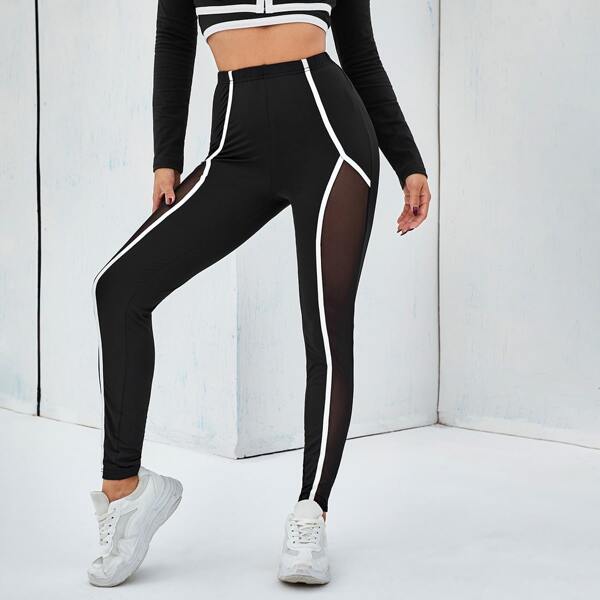 

Contrast Piping Mesh Panel Leggings, Black