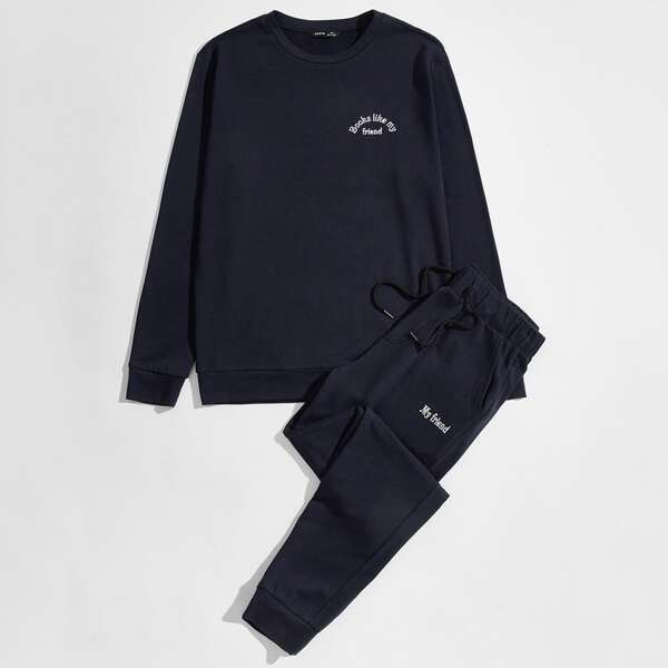 

Men Embroidery Slogan Pullover & Drawstring Waist Joggers Set, Navy blue