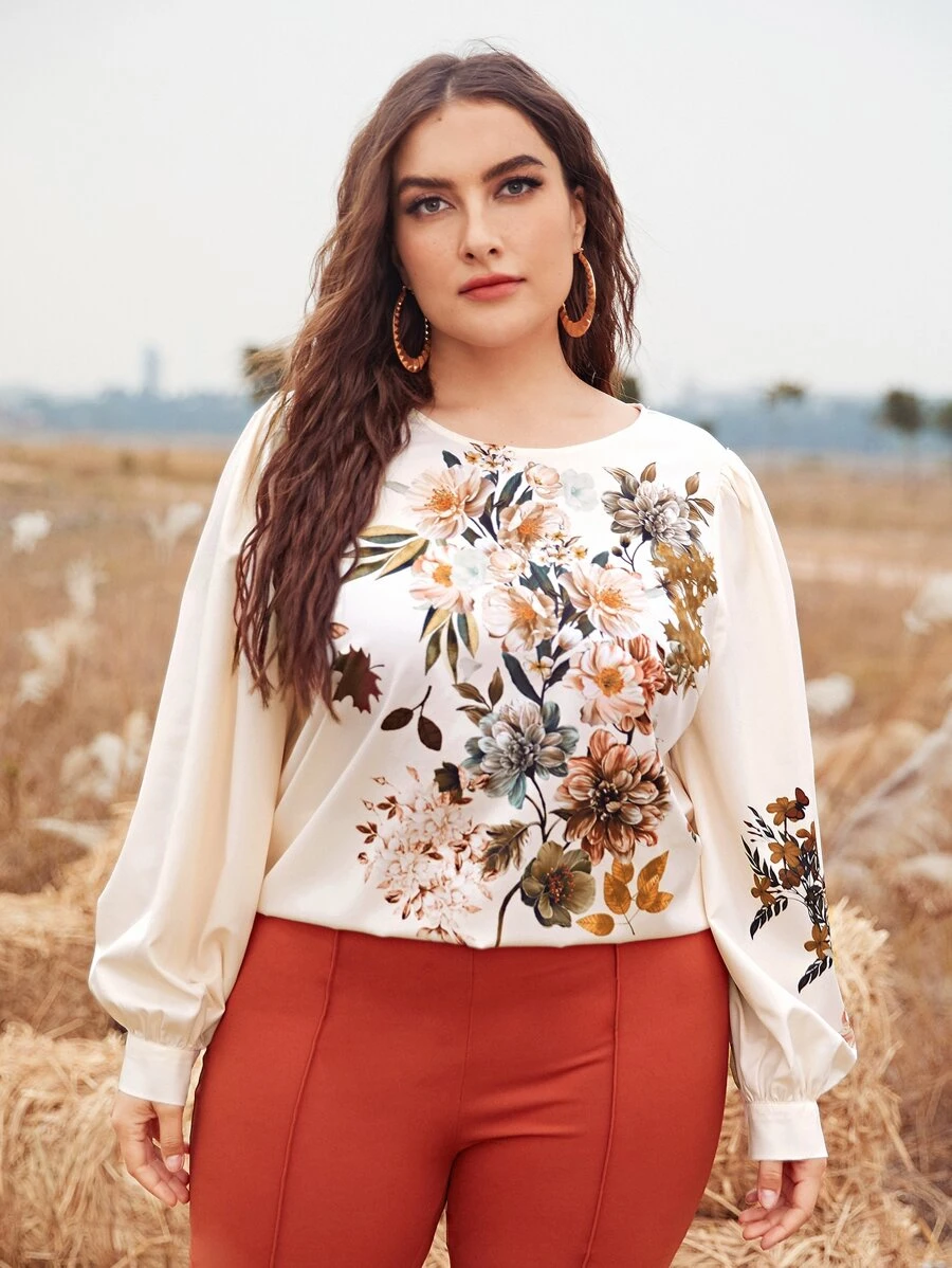 SHEIN Clasi Plus Lantern Sleeve Floral Print Top - Multicolor - View 1