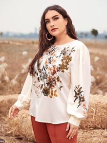 SHEIN Clasi Plus Lantern Sleeve Floral Print Top - Multicolor - View 4