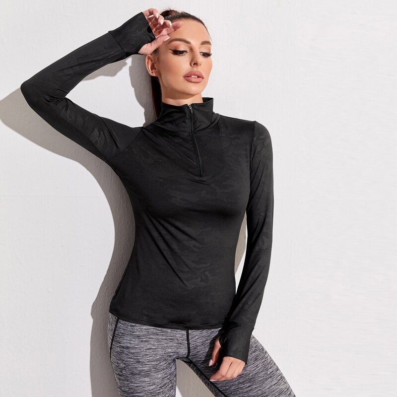 

Half Zip Slim Sports Sweatshirt With Thumb Holes, Black