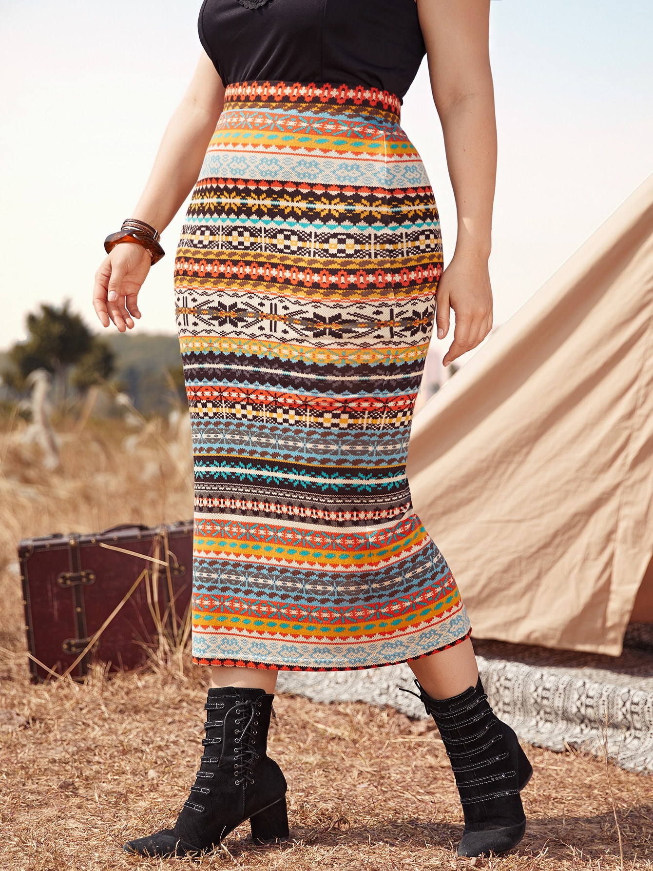 Plus Elastic Waist Geo Print Pencil Skirt thumbnail