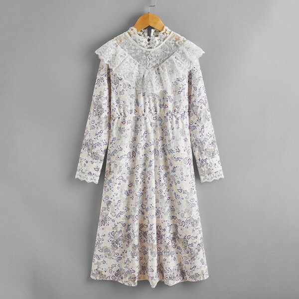 

Girls Paisley Print Contrast Lace Night Dress, Multicolor