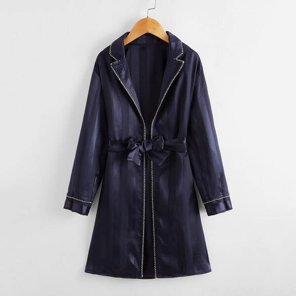 

Girls Contrast Trim Lapel Neck Belted Robe, Navy blue
