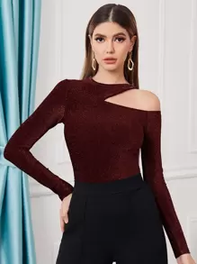 Modelyn Cutout Shoulder Glitter Top - Burgundy - View 1