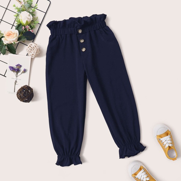 

Toddler Girls Button Front Paperbag Waist Pants, Navy blue
