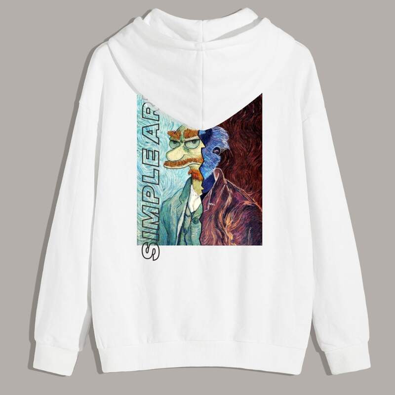 

Guys Letter & Figure Graphic Drawstring Hoodie, White