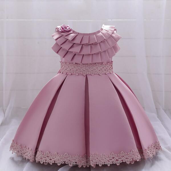 

Toddler Girls Appliques Layered Pleated Gown Dress, Dusty pink
