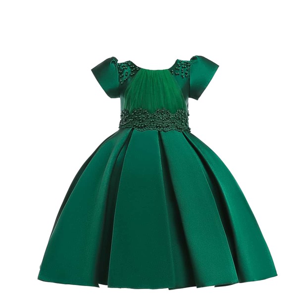 

Girls Pearls Beaded Mesh Panel Gown Dress, Dark green