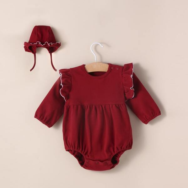 

Baby Girl Ruffle Trim Bodysuit With Hat, Burgundy