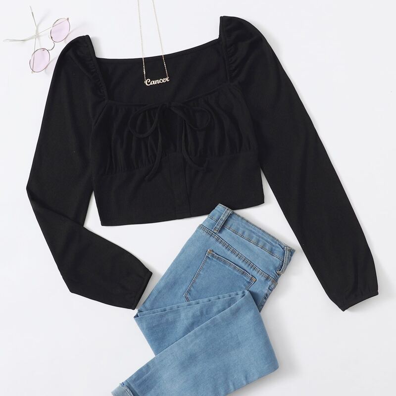 

Tie Front Rib-knit Crop Tee, Black