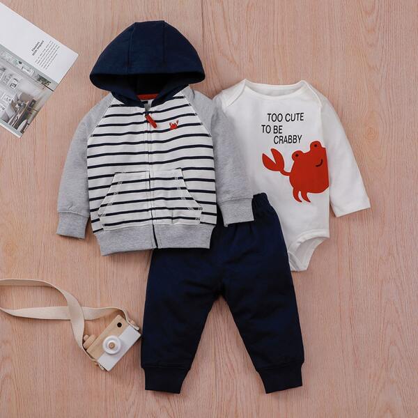 

Baby Boy 3pcs Crab & Slogan Graphic Hoodie & Bodysuit & Joggers, Multicolor