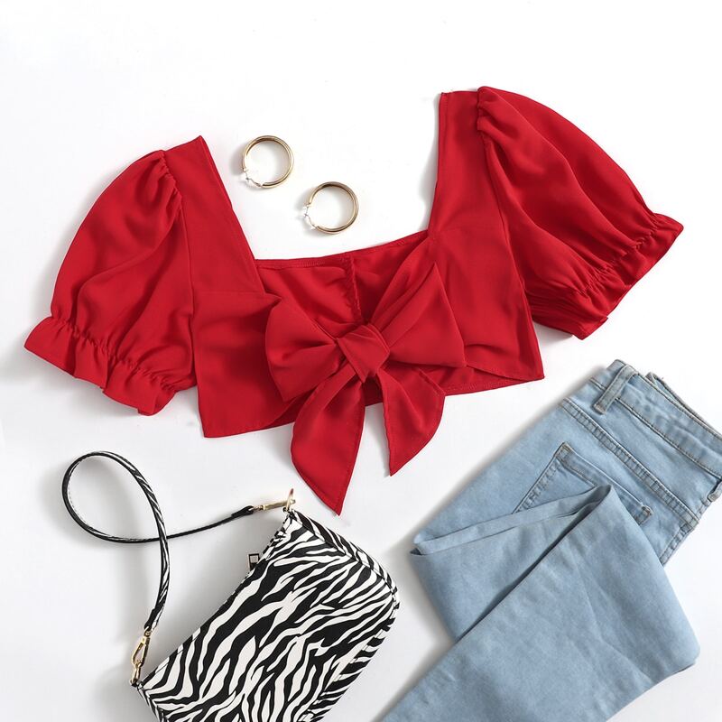 

Puff Sleeve Ruched Front Tie Back Crop Top, Red