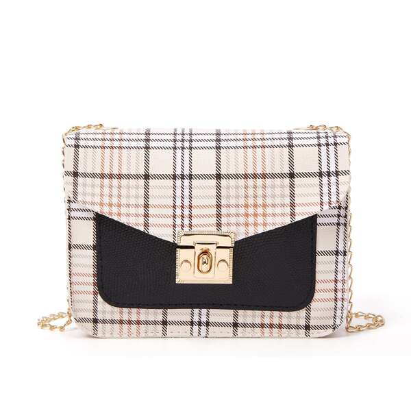 

Plaid Pattern Twist Lock Chain Bag, Beige