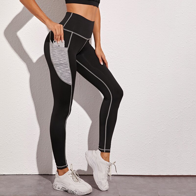 

Contrast Binding Sports Leggings With Phone Pocket, Black