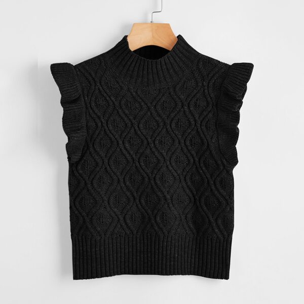 

Ruffle Armhole Solid Sweater Vest, Black