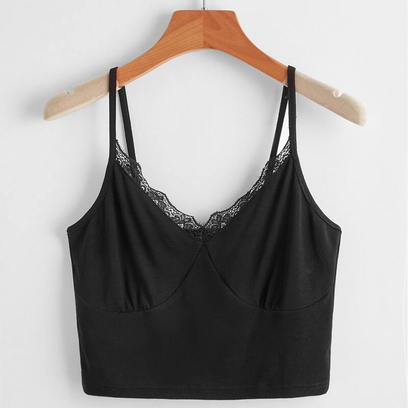

Contrast Lace Bustier Crop Cami, Black