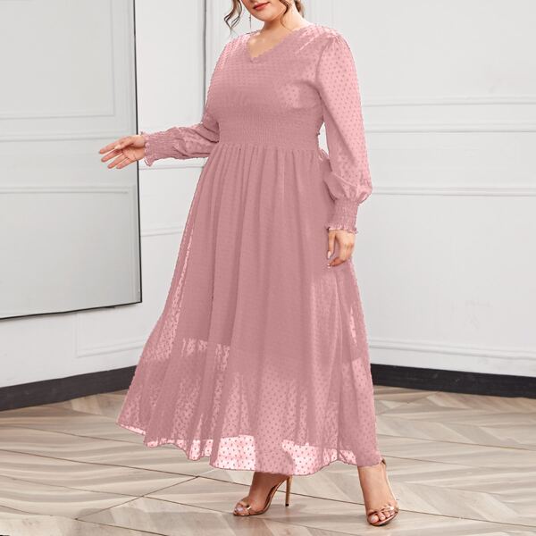 

Plus Swiss Dot V-neck Shirred Waist A-line Dress, Dusty pink