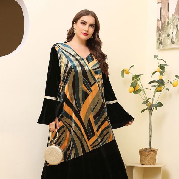 

Plus Velvet Flounce Sleeve Graphic Print Maxi Dress, Multicolor