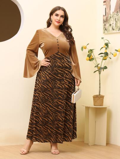فستان الأكمام المنفرشة ذو شرائط الزيبرا المخملية لأصحاب المقاسات الكبيرة