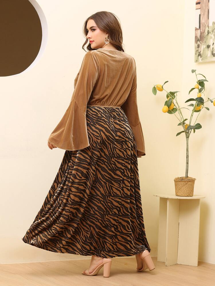 Plus Size Velvet Zebra Striped Flounce Sleeve Dress