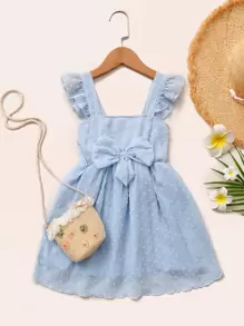 SHEIN Young Girl Swiss Dot Ruffle Bow A-Line Dress - Dusty Blue - View 1